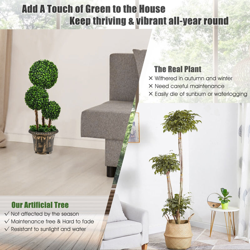 30” Artificial Topiary Triple Ball Tree Indoor Outdoor UV Resistant HW67073