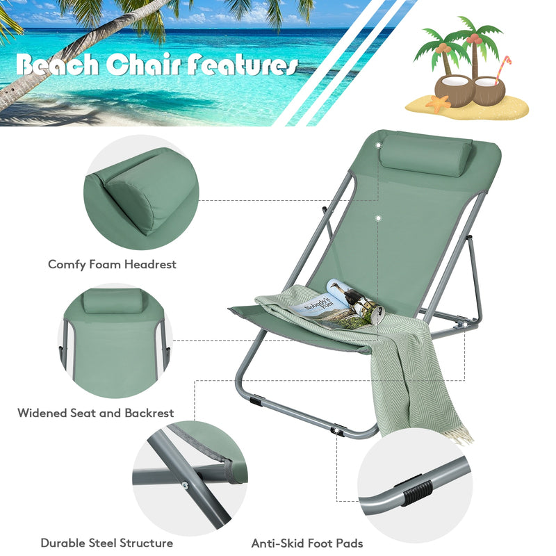 Set of 2 Beach Chair Portable 3-Position Lounge Chair w/ Headrest Green NP10013GN-2