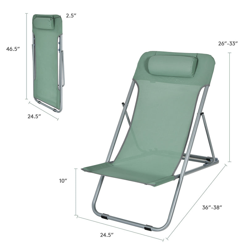 Set of 2 Beach Chair Portable 3-Position Lounge Chair w/ Headrest Green NP10013GN-2