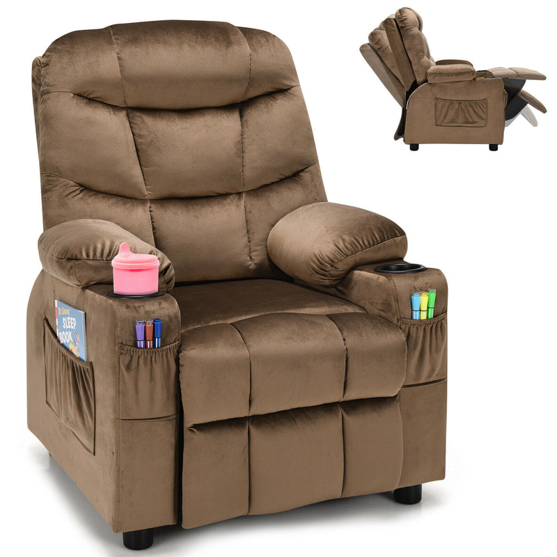 Kids Youth Recliner Chair Velvet Fabric Armrest Sofa w/Cup Holder Brown HW67186CF