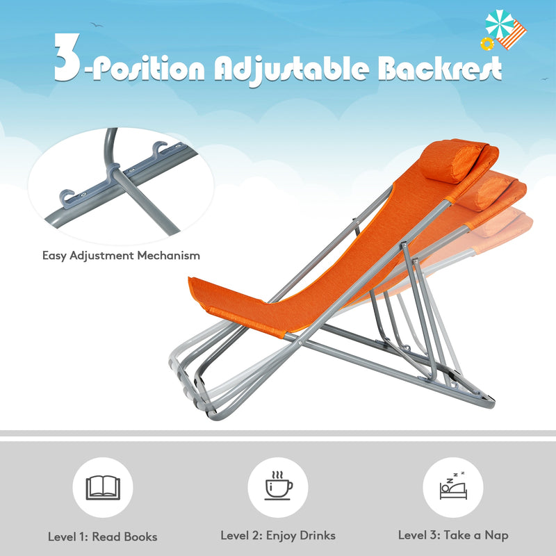 Set of 2 Beach Chair Portable 3-Position Lounge Chair w/Headrest Orange NP10014OR-2