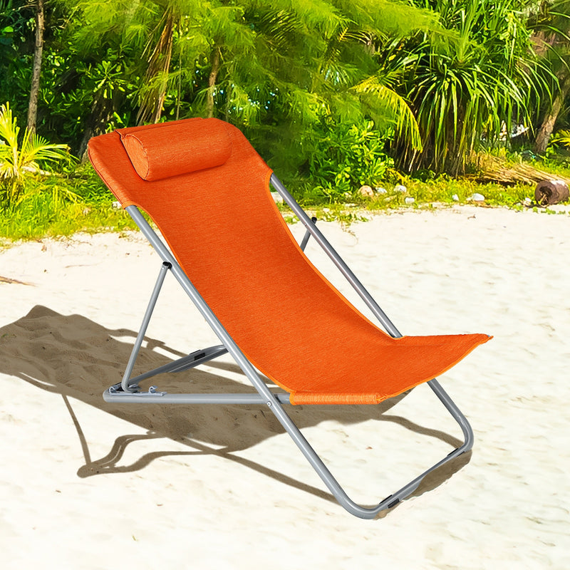 Set of 2 Beach Chair Portable 3-Position Lounge Chair w/Headrest Orange NP10014OR-2