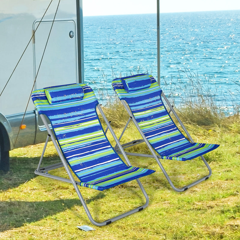 Set of 2 Beach Chair Portable 3-Position Lounge Chair w/ Headrest Blue NP10015BL-2