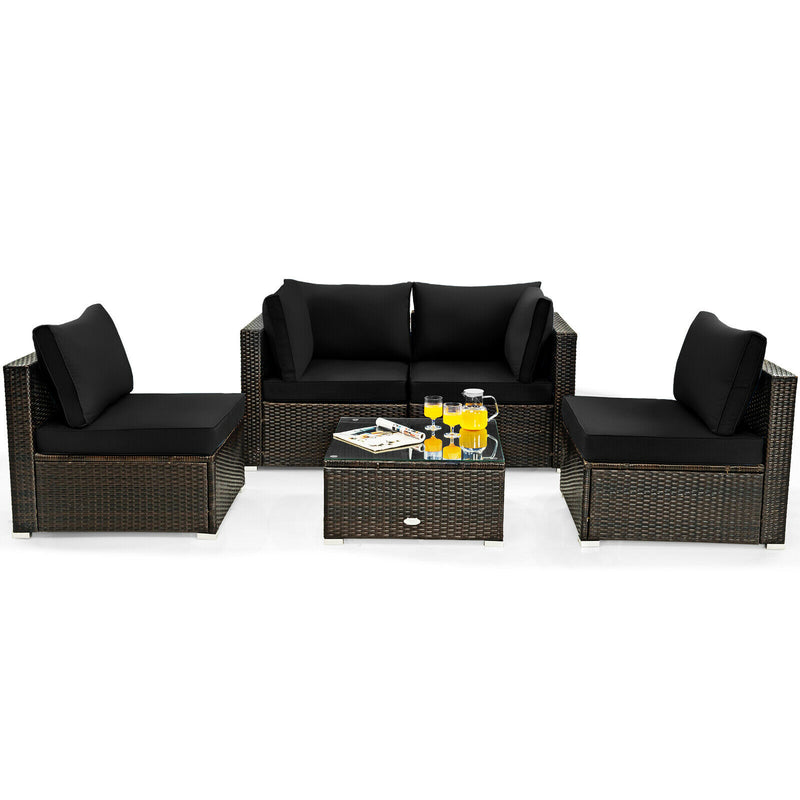 5PCS Patio Rattan Furniture Set Cushioned Sofa Chair Coffee Table Black HW67243BK