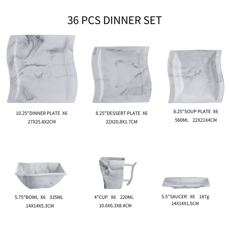 36-Piece Marble Grey Porcelain Dinner Set