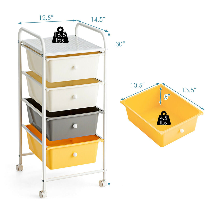 4-Drawer Cart Storage Bin Organizer Rolling w/Plastic Drawers Yellow HW55240YE