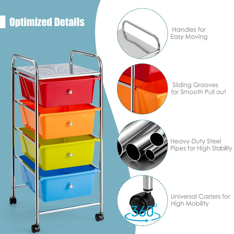 4-Drawer Cart Storage Bin Organizer Rolling w/Plastic Drawers Multicolor HW55240MT