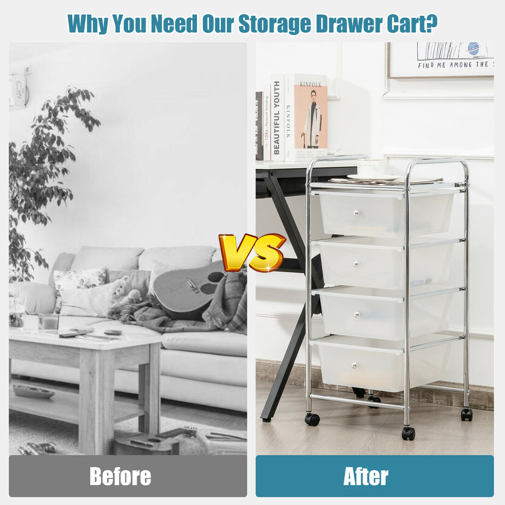 4-Drawer Cart Storage Bin Organizer Rolling w/Plastic Drawers Clear HW
