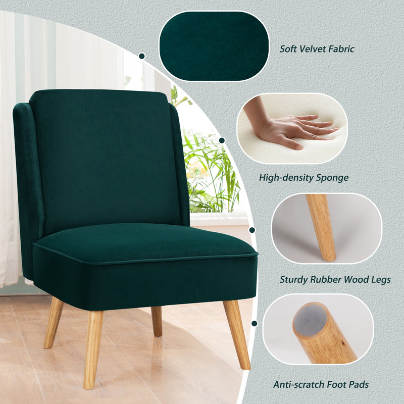 Armless Accent Chair Velvet Living Room Chair w/ Rubber Wood Legs Green HW67580GN
