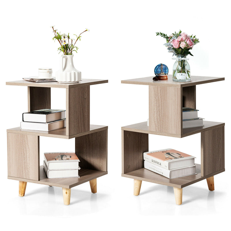 2 PCS Nightstand Set Modern Side End Table Wood Legs Storage Shelf Grey