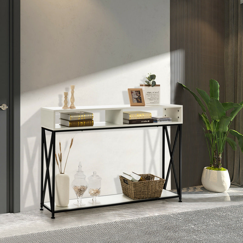 Console Table with Open Shelf and Storage Compartments Steel Frame White HV10016WH