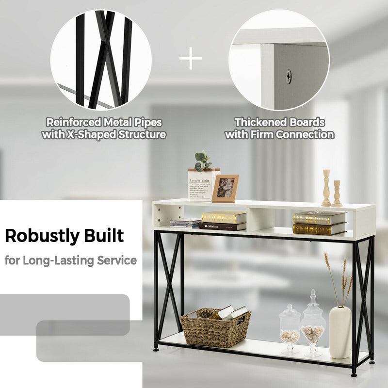 Console Table with Open Shelf and Storage Compartments Steel Frame White HV10016WH