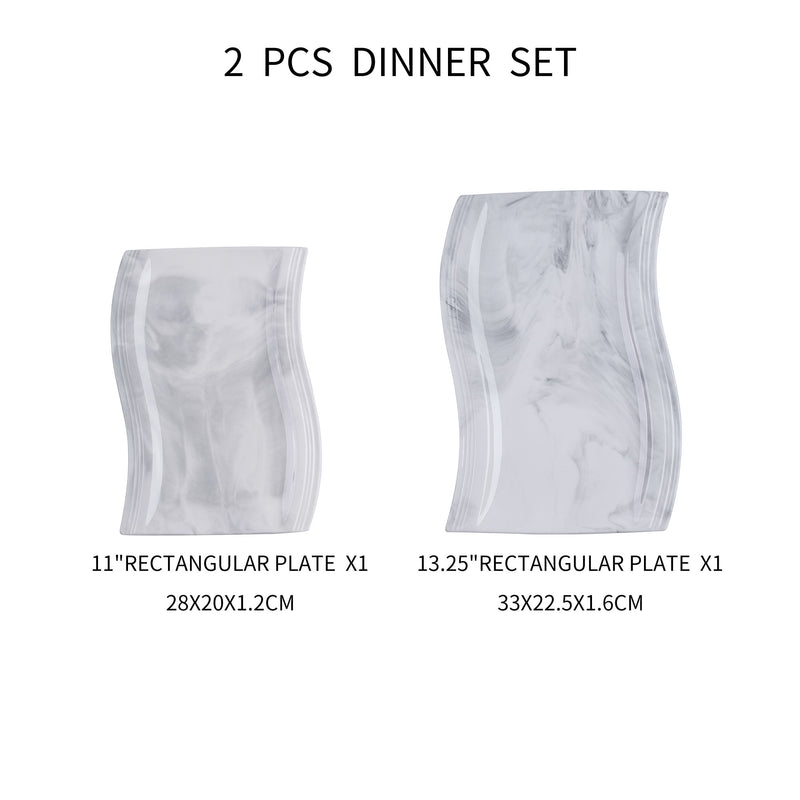 2-pieces Marble Porcelain Dinner Dinnerware Plate Set, Rectangular