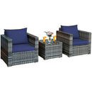 3 PC Patio Rattan Furniture Bistro Set Cushioned Sofa Chair Table Navy HW66530NY+