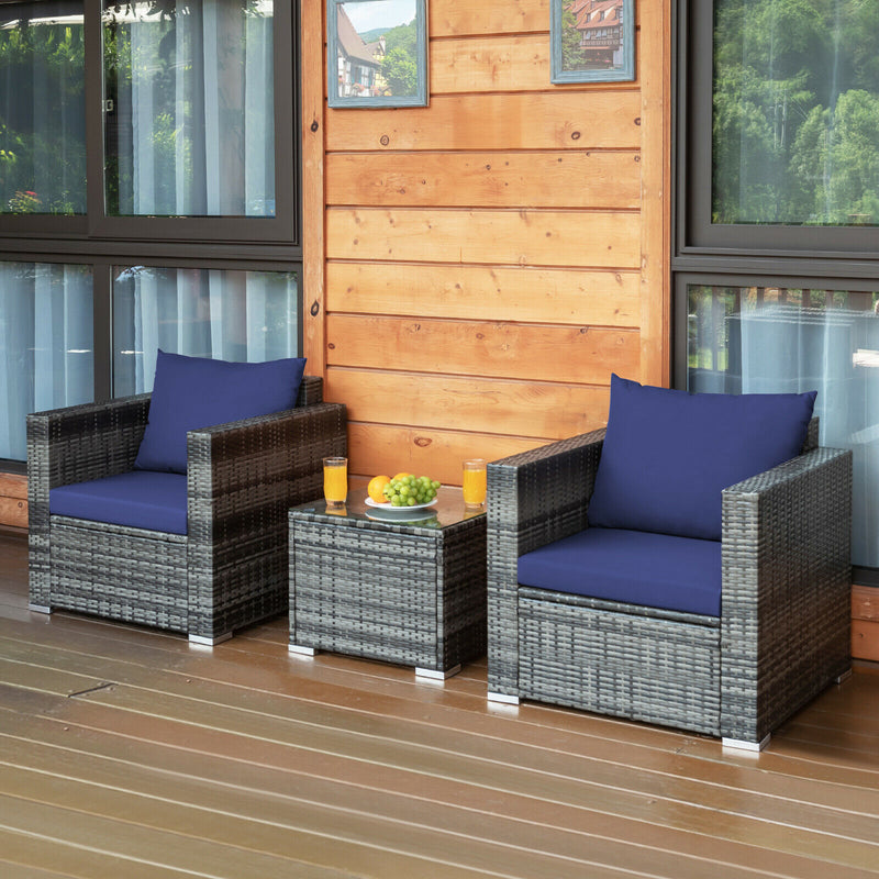 3 PC Patio Rattan Furniture Bistro Set Cushioned Sofa Chair Table Navy HW66530NY+
