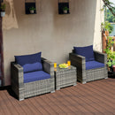 3 PC Patio Rattan Furniture Bistro Set Cushioned Sofa Chair Table Navy HW66530NY+