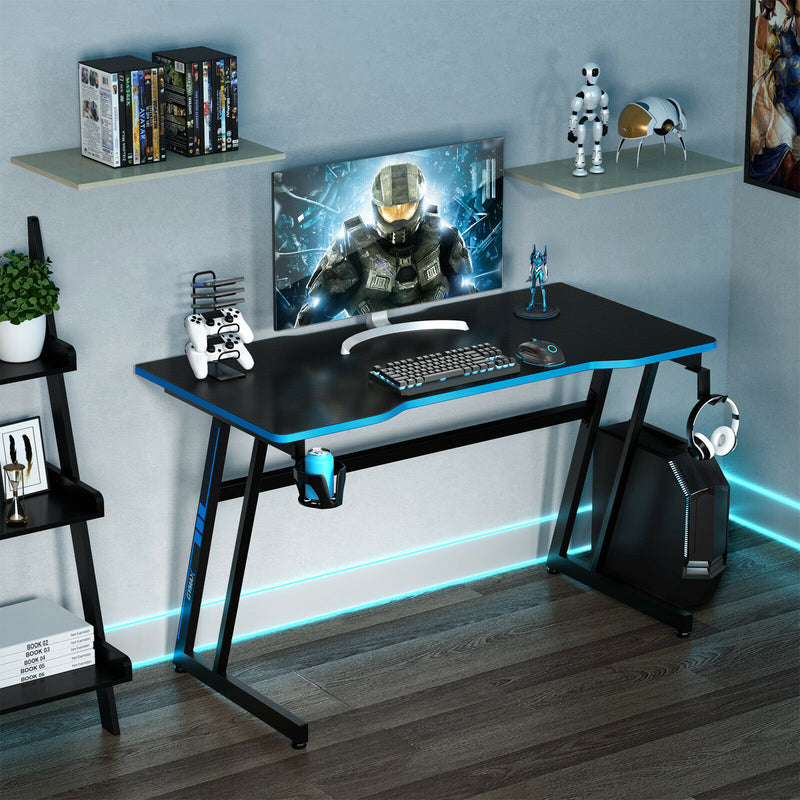 Gaming Desk Z-Shaped Computer Office Table w/Gaming Handle Rack Blue  JV10115BL