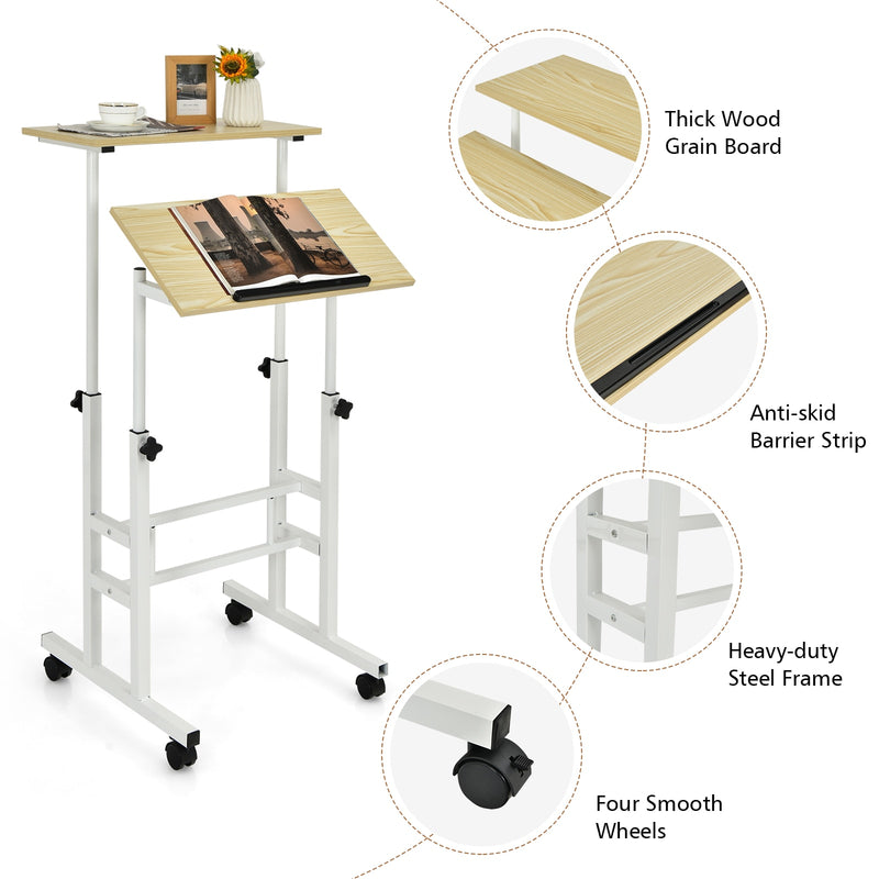 Mobile Standing Desk Rolling Adjustable Laptop Cart Home Office Natural HW67483NA