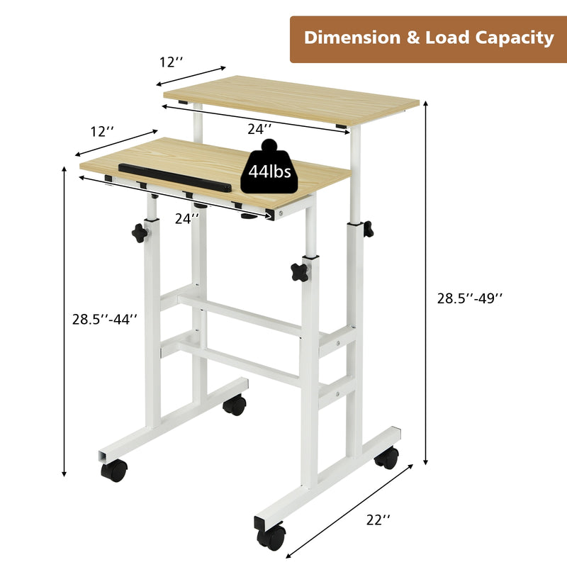 Mobile Standing Desk Rolling Adjustable Laptop Cart Home Office Natural HW67483NA