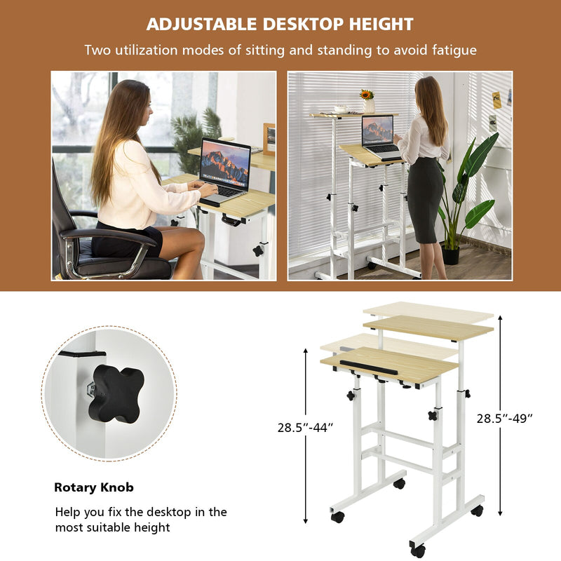 Mobile Standing Desk Rolling Adjustable Laptop Cart Home Office Natural HW67483NA
