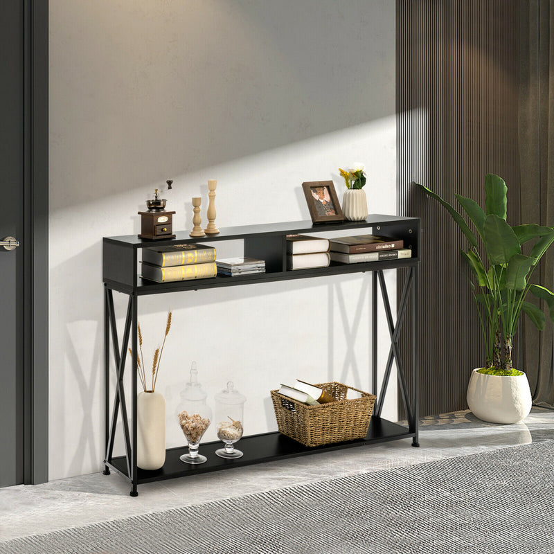 Console Table with Open Shelf and Storage Compartments Steel Frame Black HV10016BK