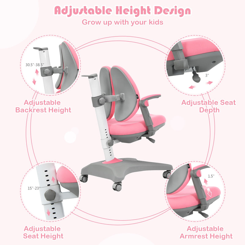 Kids Desk Study Chair Adjustable Height Depth w/ Sit-Brake Casters Pink HW67591PK