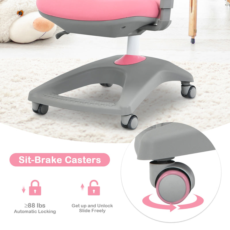 Kids Desk Study Chair Adjustable Height Depth w/ Sit-Brake Casters Pink HW67591PK