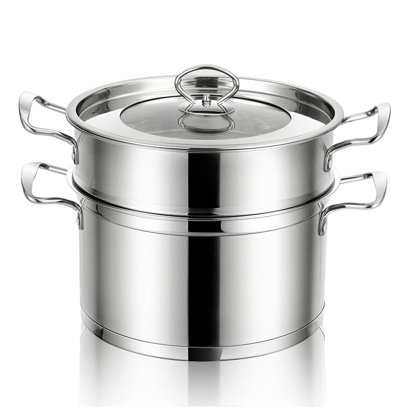 2-Tier Steamer Pot 304 Stainless Steel Steaming Cookware w/ Glass Lid KC52948