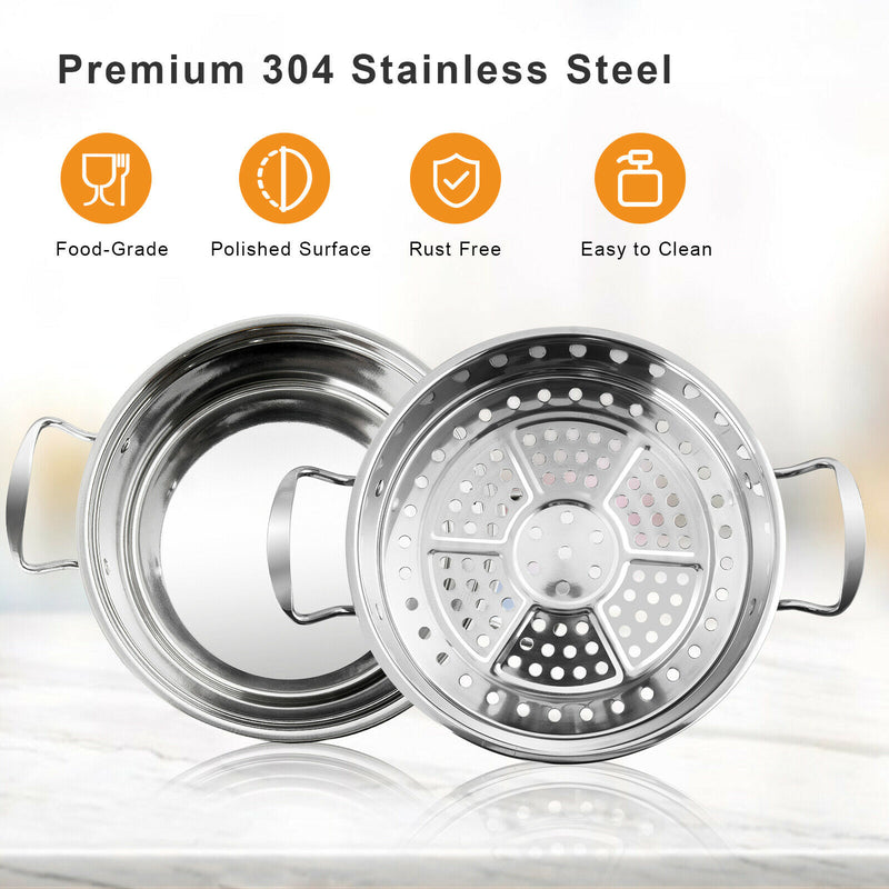 2-Tier Steamer Pot 304 Stainless Steel Steaming Cookware w/ Glass Lid KC52948