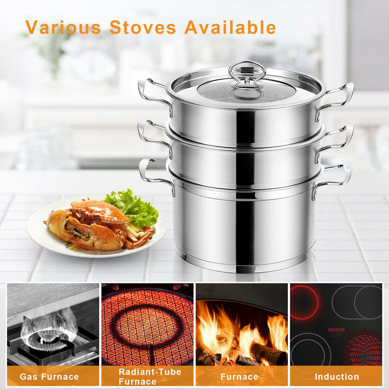 3-Tier Steamer Pot 304 Stainless Steel Steaming Cookware w/ Glass Lid KC52949
