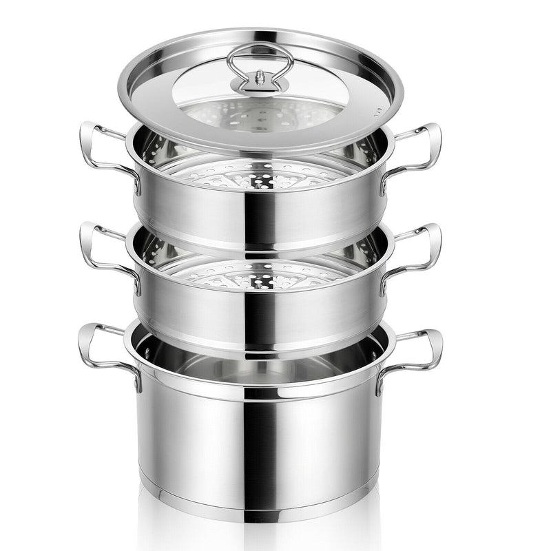 3-Tier Steamer Pot 304 Stainless Steel Steaming Cookware w/ Glass Lid KC52949
