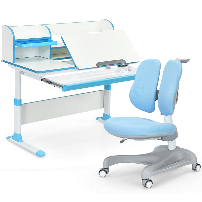 Adjustable Kids Study Desk Drafting Table Chair Set w/ Bookshelf Blue