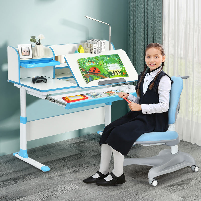 Adjustable Kids Study Desk Drafting Table Chair Set w/ Bookshelf Blue