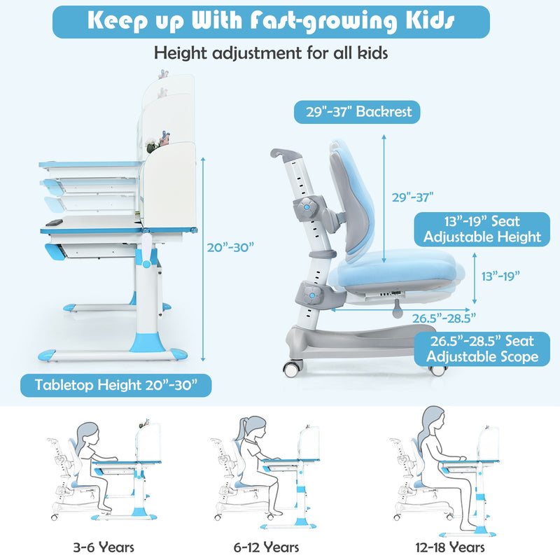 Adjustable Kids Study Desk Drafting Table Chair Set w/ Bookshelf Blue