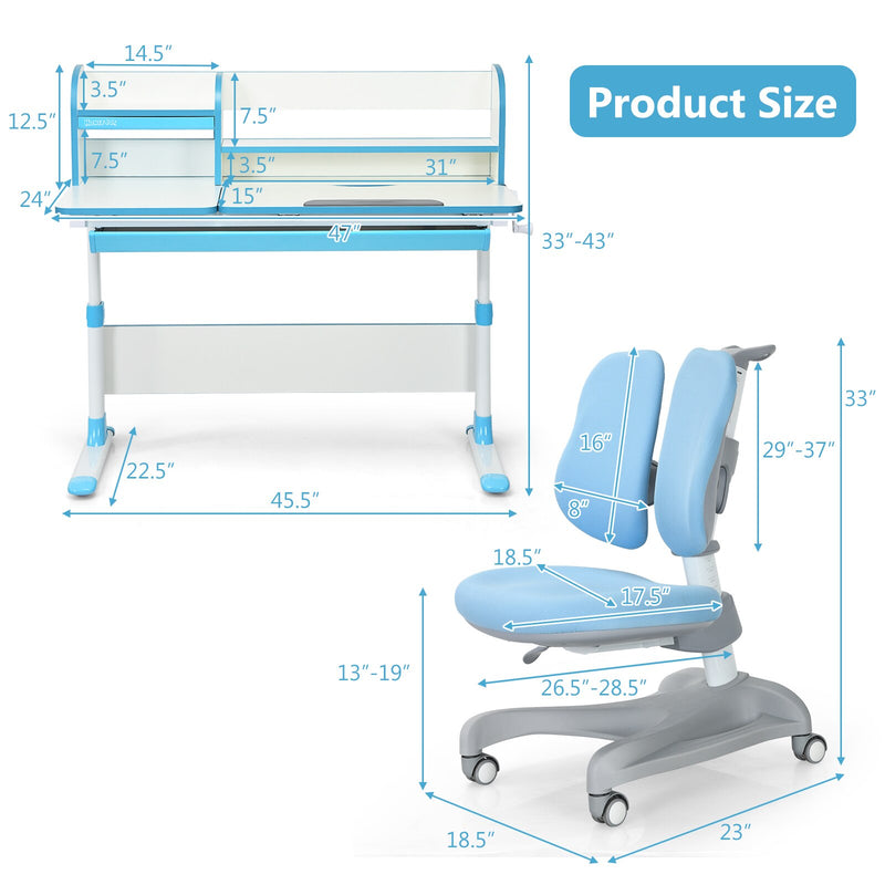 Adjustable Kids Study Desk Drafting Table Chair Set w/ Bookshelf Blue