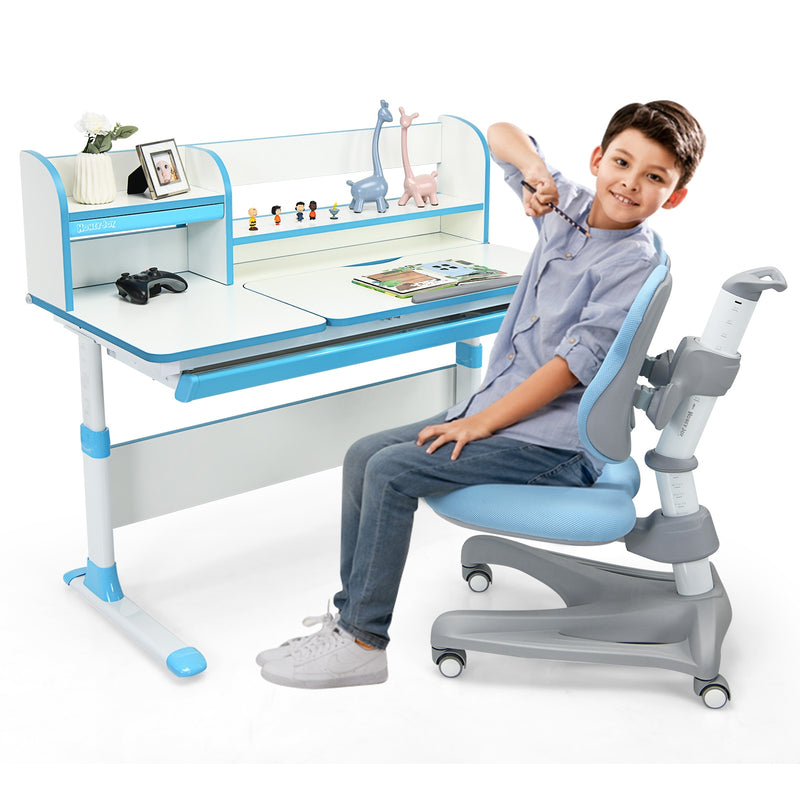 Adjustable Kids Study Desk Drafting Table Chair Set w/ Bookshelf Blue