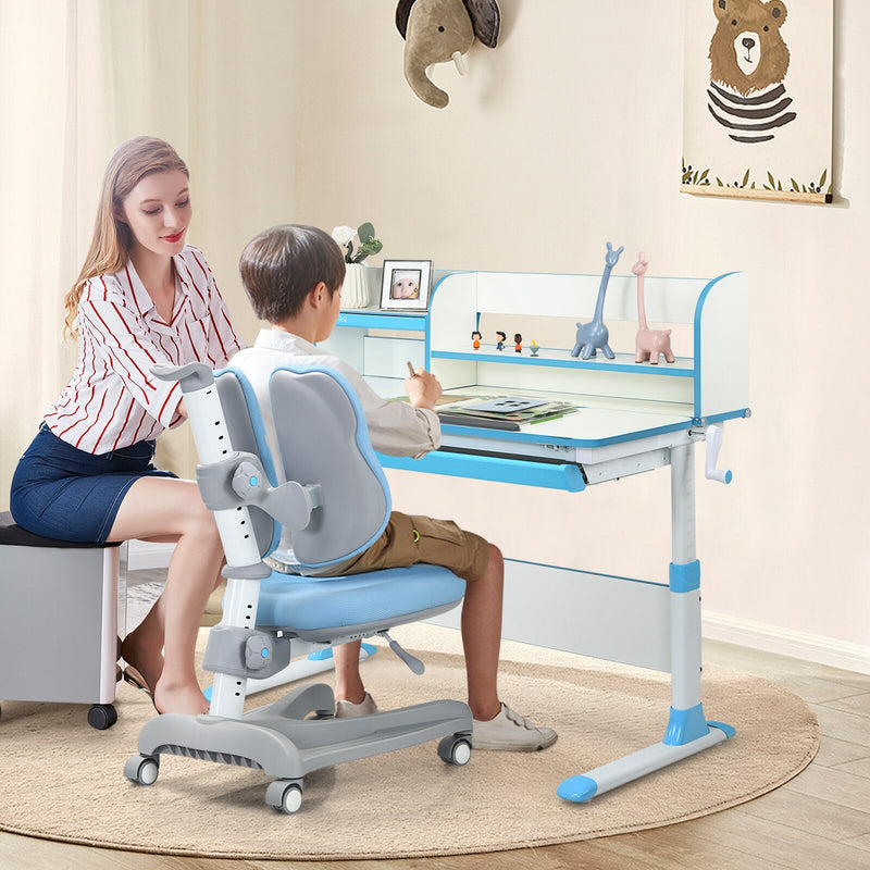 Adjustable Kids Study Desk Drafting Table Chair Set w/ Bookshelf Blue