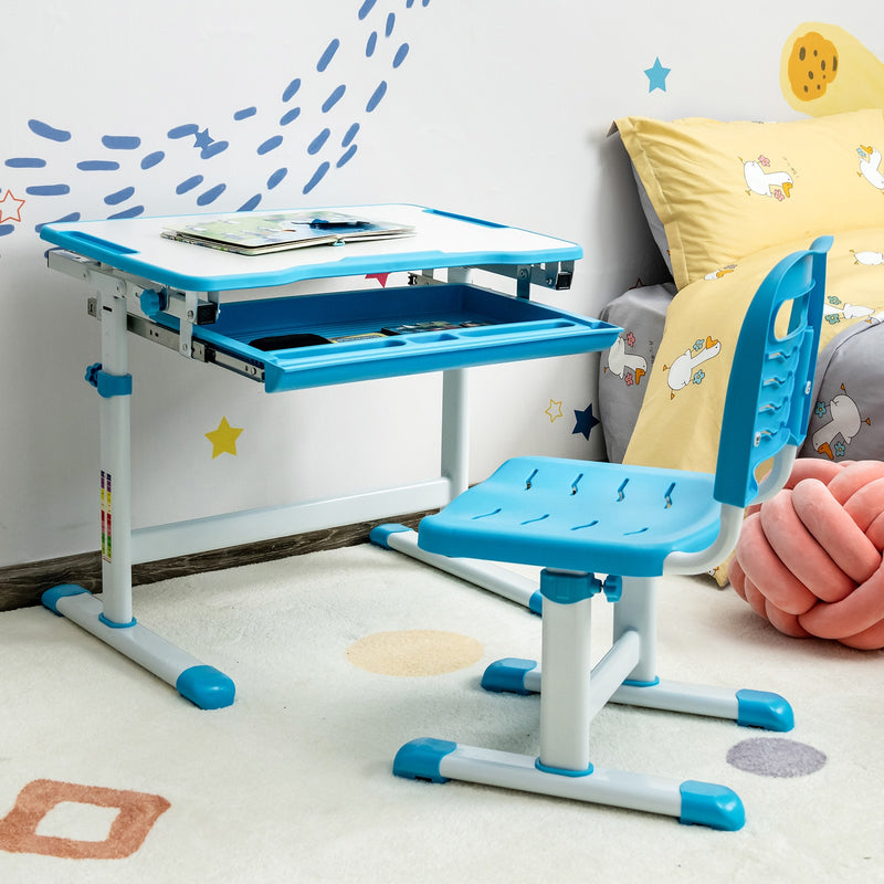 Kids Desk and Chair Set Height Adjustable w/Tilted Tabletop&Drawer Blue HW67623BL