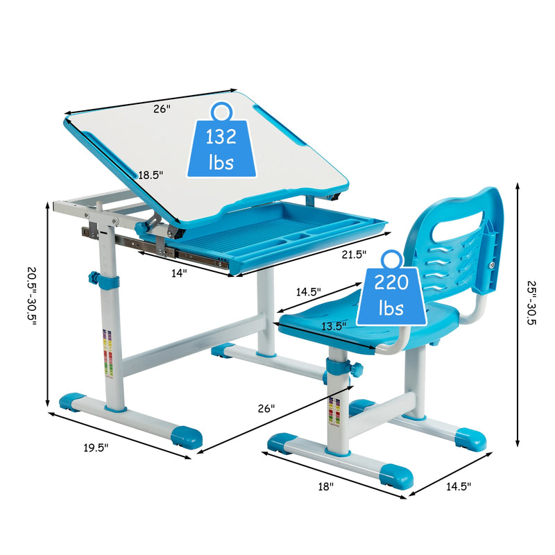 Kids Desk and Chair Set Height Adjustable w/Tilted Tabletop&Drawer Blue HW67623BL
