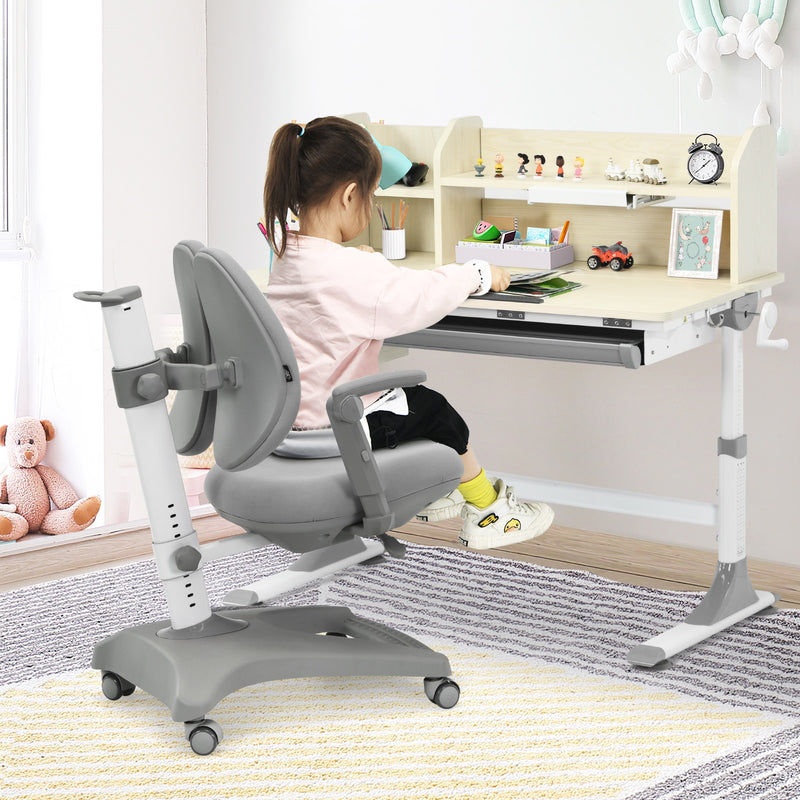 Adjustable Height Kids Drafting Table Study Desk&Chair w/Bookshelf Grey HW67588GR+HW67591GR