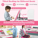 Adjustable Kids Study Desk Drafting Table Chair Set w/ Bookshelf Pink