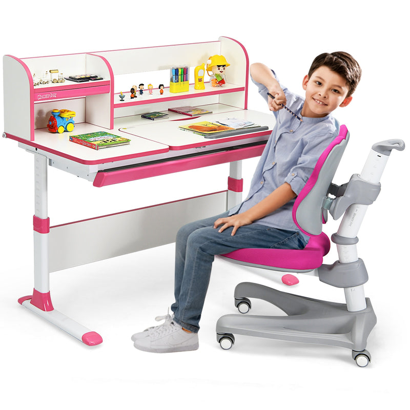 Adjustable Kids Study Desk Drafting Table Chair Set w/ Bookshelf Pink