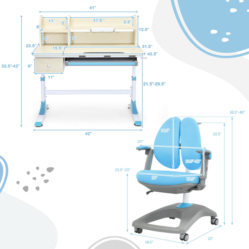 Adjustable Height Kids Drafting Table Study Desk&Chair w/Bookshelf Blue HW67588BL+HW67591BL