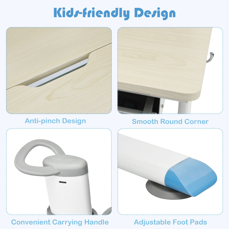 Adjustable Height Kids Drafting Table Study Desk&Chair w/Bookshelf Blue HW67588BL+HW67591BL