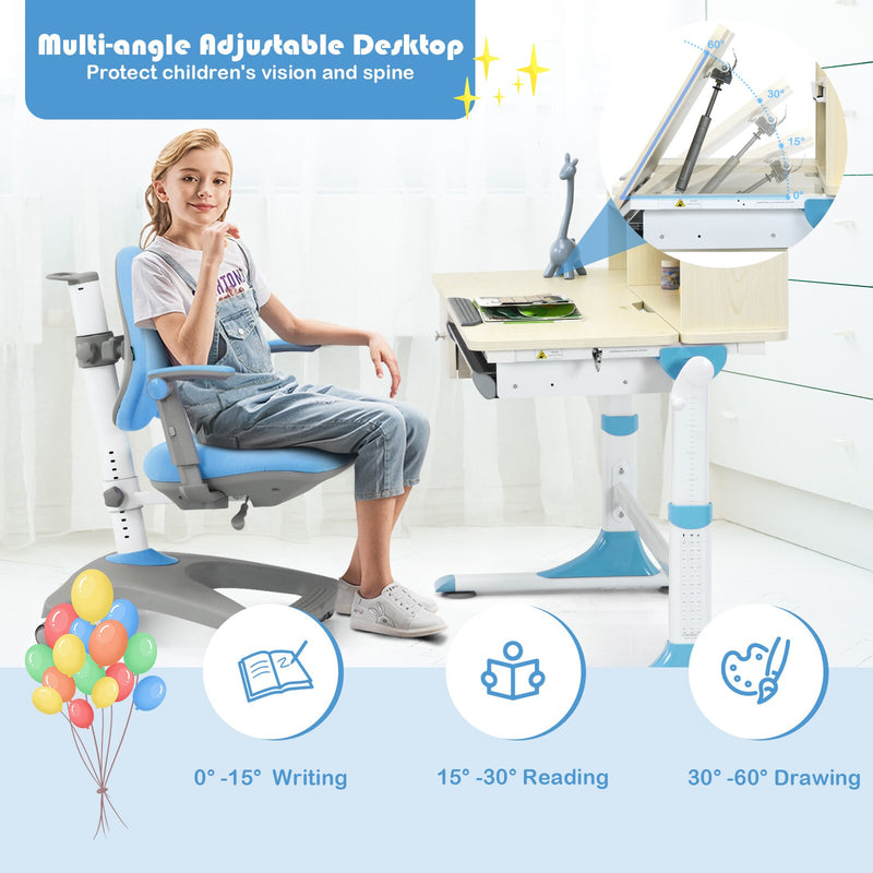 Adjustable Height Kids Drafting Table Study Desk&Chair w/Bookshelf Blue HW67588BL+HW67591BL