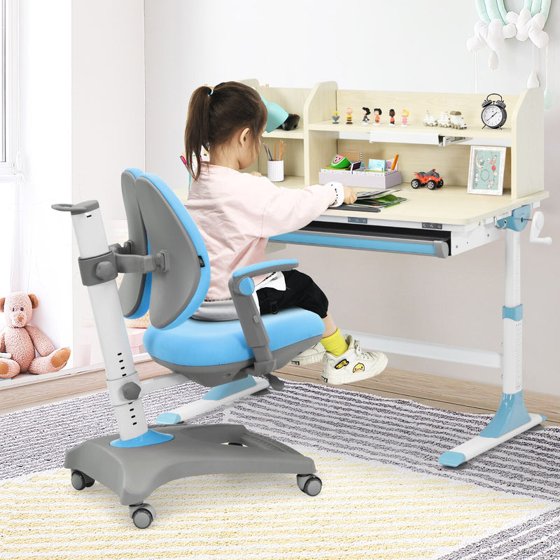 Adjustable Height Kids Drafting Table Study Desk&Chair w/Bookshelf Blue HW67588BL+HW67591BL