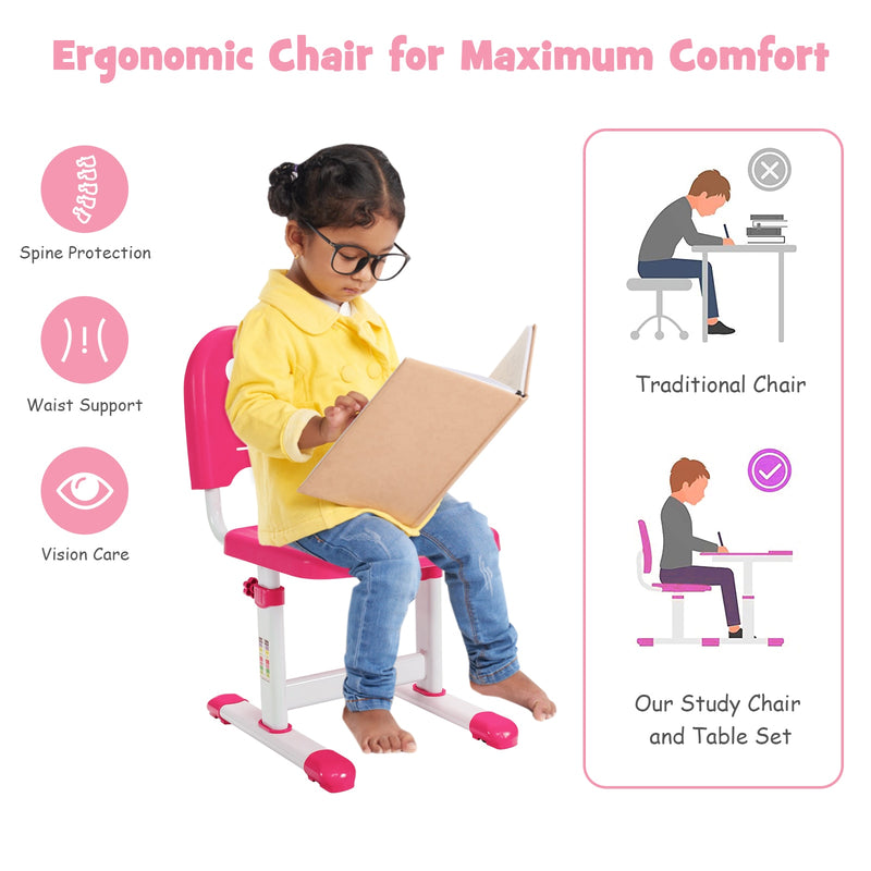 Kids Desk and Chair Set Height Adjustable w/Tilted Tabletop&Drawer Pink HW67623PI