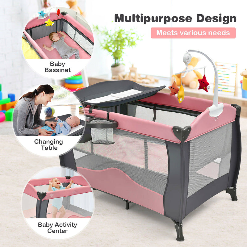3 in 1 Baby Playard Portable Infant Nursery Center w/ Music Box Pink BB0511PI