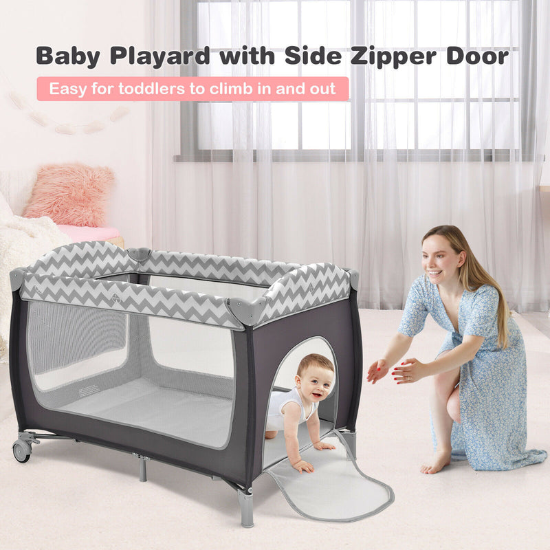 3 in 1 Baby Playard Portable Infant Nursery Center w/ Zippered Door Grey