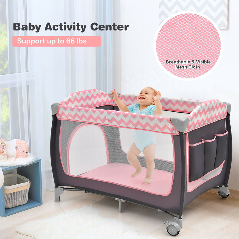 3 in 1 Baby Playard Portable Infant Nursery Center w/ Zippered Door Pink BB0510PI